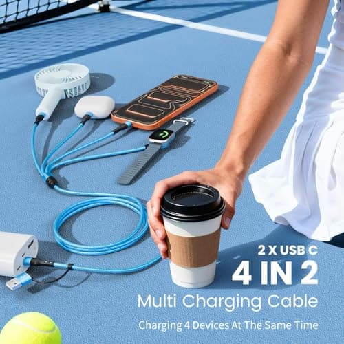 Travel Cruise Essentials 2026, Dual Type-C 4 in 2 Multi Charging Cable for Travel with Multi USB-C Devices, USB A/C with Dual USB C Cable/iWatch/IP, Designed for iWatch Series, iPhone 17-8 (Blue, 5FT) - Thumbnail 2