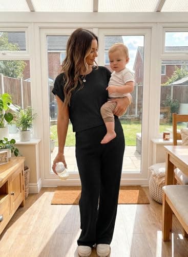 BLENCOT Maternity Clothes Ribbed Knit Lounge Set Short Sleeve Top and Long Pants Maternity Sleepwear Pajamas Sets Two Piece Matching Outfits Set Black 2XL - Thumbnail 4