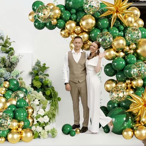 Green and Gold Balloon Garland Arch Kit, 140Pcs Emerald Green Gold Confetti Balloons With Stars for Birthday Wedding Birdal Shower Christmas Graduation Party Decorations - Thumbnail 3