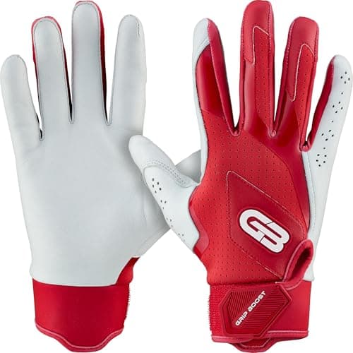 Grip Boost Baseball Batting Gloves with Boost Plus Leather – Adult and Youth Sizes for Men and Youth Players (Red, Youth Medium) - Image 1