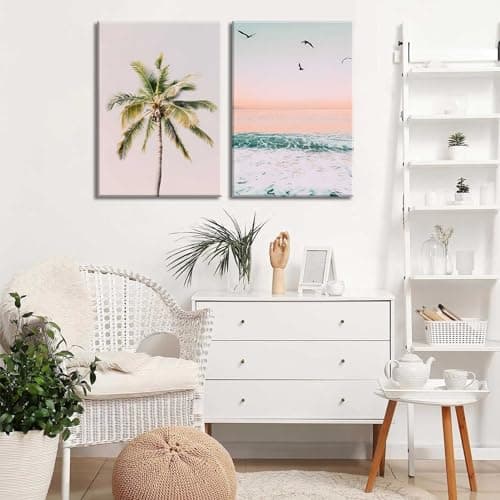 2Pcs Framed Pastel Beach Wall Art Tropical Palm Tree Canvas Posters Prints Coastal Ocean Wall Decor Pictures Summer Beach Theme Bedroom Living Room Decoration, 12x16 Inch - Thumbnail 3