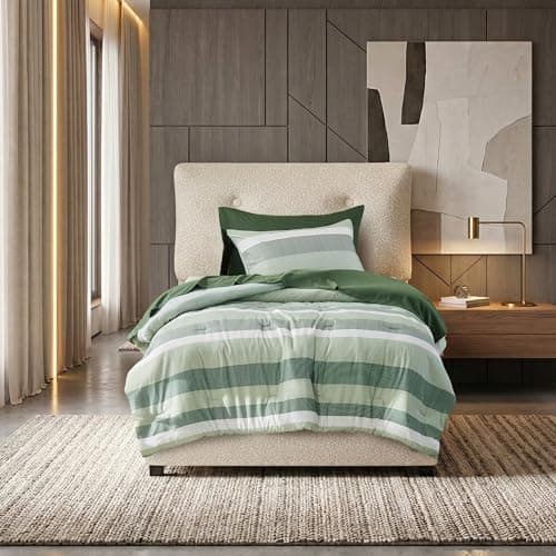 Regency Heights Twin Size Striped Comforter Set, Soft Microfiber Reversible Bedding Sets for All Season 5 Pieces Bed in A Bag Set with Comforter, Sheets, Pillowcase & Sham, Sage Green - Image 1