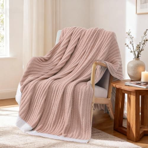 WRENSONGE Striped Throw Blanket, Pink Soft Cozy Fluffy Warm Hand Made Throw Blankets for Couch, Sofa, Chair, Bed, Camping, Picnic, Travel Lightweight Bed Blanket - 60"*80" - Image 1