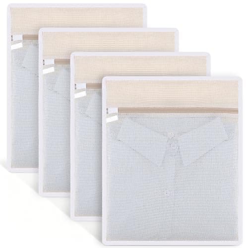 Dntorx 4 Pack Durable Cotton Mesh Laundry Bags for Delicates - 12×16inch Laundry Bags Mesh Wash Bags with Sturdy Zipper for Underwear Bras Socks Clothes Storage Natural Cotton Washing Machine Safe - Image 1