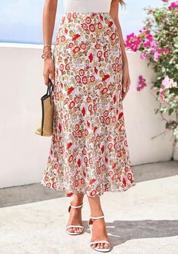 BTFBM Satin Skirts for Women 2025 Fall High Waisted A-Line Leopard Print Cocktail Wedding Long Silk Summer Midi Skirt(Floral White Red, Small) - Thumbnail 5