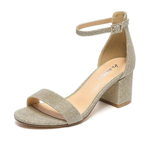Amoji Women's Block Heels 2.5 Inch Strappy Heels Dressy Sandals Ankle Strap Lady Low Heels Chunky Heeled Sandals 301 Gold Size 11 women