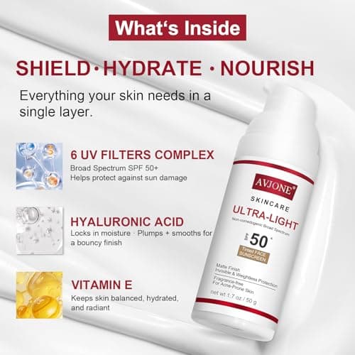 AVJONE Face Sunscreen SPF 50, Broad Spectrum UVA/UVB Protection with Hyaluronic Acid & Vitamin E, Lightweight Non-Greasy Formula, Water-Resistant, Oil-Free, Non-Comedogenic for Sensitive Skin, 1.7 oz - Thumbnail 3
