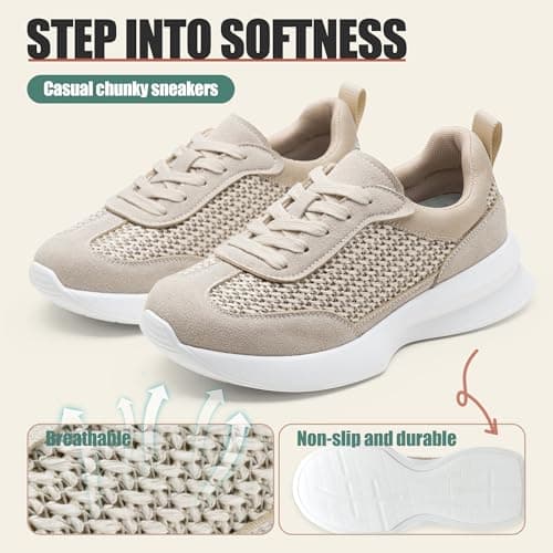 Vepose Women's Beige Lightweight Platform Sneakers Chunky Casual Tennis Shoes, Memory Foam Non Slip, Suede Raffia Lace Up, Everyday Walking Travel Office Size 9.5(CJY8216 Beige 09.5) - Thumbnail 4