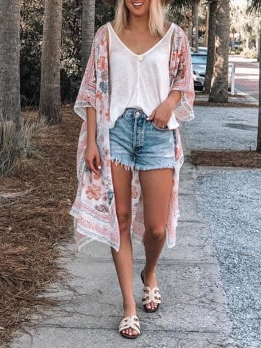 Flowy Long Floral Kimono Cover Up Tops Womens Summer Chiffon Cardigan Duster Beach Sheer Boho Resort Wear with Belt M - Thumbnail 4