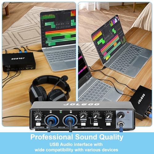 Jolgoo 2x2 USB Audio Interface, 24-Bit/192kHz Professional Audio Interface for Recording, Streaming and Podcasting, with +48V Phantom Power, Low Latency, Works with Mac/PC/Smartphone - Thumbnail 5