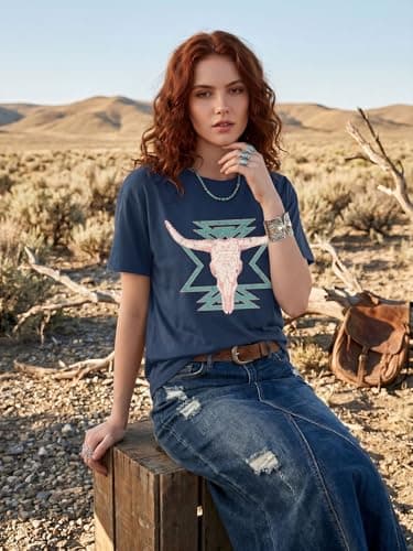 Western Shirts for Women Vintage Cow Skull Graphic Tshirts Casual Cowgirl Short Sleeve Tee Top - Thumbnail 3