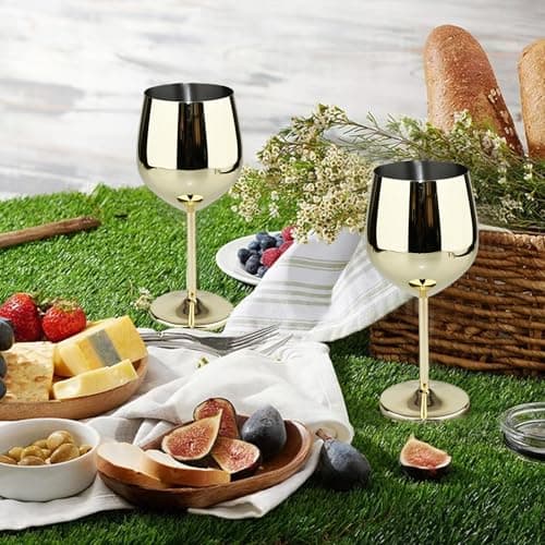 TJ Wine Glasses Stainless Steel Set of 2, Unbreakable Wine Glass 17oz, Wine Accessories Cool Wine Glass, Wine Goblets for Outdoor, Travel, House Warming, Valentines, Anniversary, Gold - Thumbnail 4