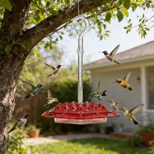 Hummingbird Feeder for Outdoors Bee-Proof & Leak-Proof, Features 32 Feeding Ports, Drip-Free, Easy to Clean and Refill, Attract Humming Birds Feeder Plastic with Ant Moat & Hook (Red-1PC) - Thumbnail 3
