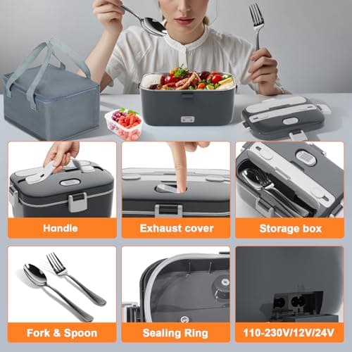DUPASU Electric Lunch Box Food Warmer: 100W Heated Lunch Box for Adults, 1.8L Portable Fast Heating Lunchbox Food Heater for Car, Truck, Work, Travel, Lonchera Elctrica Porttil 12/24V/110-230V - Thumbnail 4