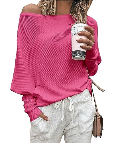 Zenlonr Women's Fall Sweaters 2025 Casual Long Batwing Sleeve Loose Off Shoulder Knit Pullovers Jumper Tops(Rose Red,Medium) - Image 1