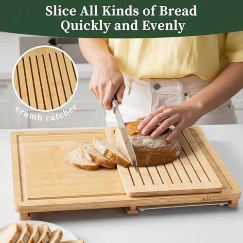 Kikcoin Bamboo Cutting Board Set with Defrosting Tray, Wood Cutting Boards for Kitchen with Deep Juice Grooves & Built-in Organizer Meal Prep Charcuterie& Chopping Board for Meat, Vegetables and Bread - Thumbnail 6
