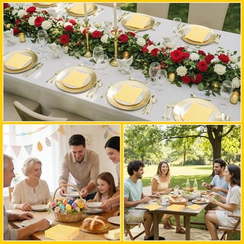 NatNarr 80 Pcs Gingham Napkins, 6.5X6.5 Inch Easter Paper Napkins Disposable Yellow and White Plaid Napkin for Spring, Masters Party, Picnic - Thumbnail 6