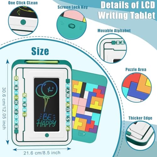 High End LCD Writing Tablet for Kids Drawing Pad Words Learning Writing Board with 26 Letters 2 Set Puzzles Blocks Educational Toy Kid School Stuff Class Learning Tool for Girls Boys Toddler - Thumbnail 4