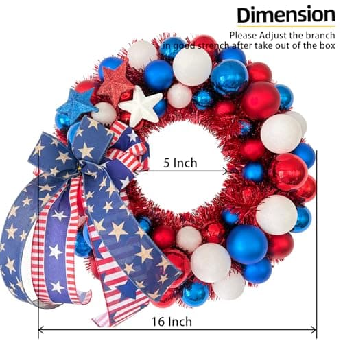 HipTree 16 Inch Patriotic Ball Wreath for Front Door with Lights, 4th of July Wreath with Red White Blue Stars & Ribbon for Memorial Day, Independence Day,Veterans Day, Flag Day,Summer Decorations - Thumbnail 2