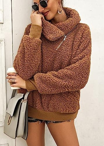 KIRUNDO Winter Clothing for Women Sherpa Pullover Fleece Zip Sweatshirt 2026 Fall Fashion Fuzzy Faux Shearling Warm Outwear(Large, Khaki) - Thumbnail 4
