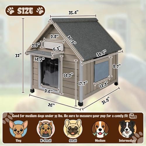 Ketive Dog House Outdoor Weatherproof,Wooden DogHouses for Medium Small Dogs, Indoor & Outdoor with Anti-Chewing Iron Frame, Ventilated Window, Easy Assemble, 26" L x 32" W x32 H - Thumbnail 2