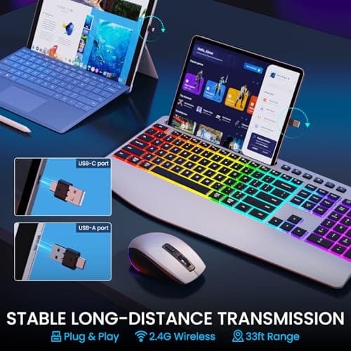 Silver Wireless Keyboard and Mouse Combo - Dual System RGB Backlit Mouse and Keyboard Advanced Optical Tracking, Lag-Free Wireless,Ergonomic Keyboard, 90% Less Noise Silver-V1 - Thumbnail 6