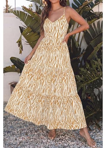 KIRUNDO Maxi Dresses for Women Summer Boho Floral Beach Vacation Sundress Spring Wedding Guest Dress Flowy Cruise Resort Wear(Khaki, Medium) - Thumbnail 4