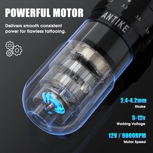 ANTIKE Cordless Tattoo Gun Kit with 7 Adjustables Strokes and 2 pcs * 1600 mAh Tattoo Batteries,Tattoo Kit Complete with Needles Cartridges, Inks and Tattoo Accessories AK-TKE551A-4 - Thumbnail 5