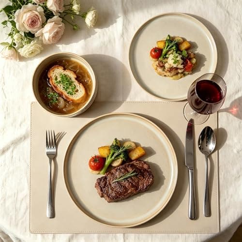 ALOFMO Stoneware Dinnerware Sets, Plates and Bowls Sets for 4, 12-Piece Ribbed Dishes – Chip & Scratch Resistant, Microwave and Dishwasher Safe Tableware, Beige - Thumbnail 5