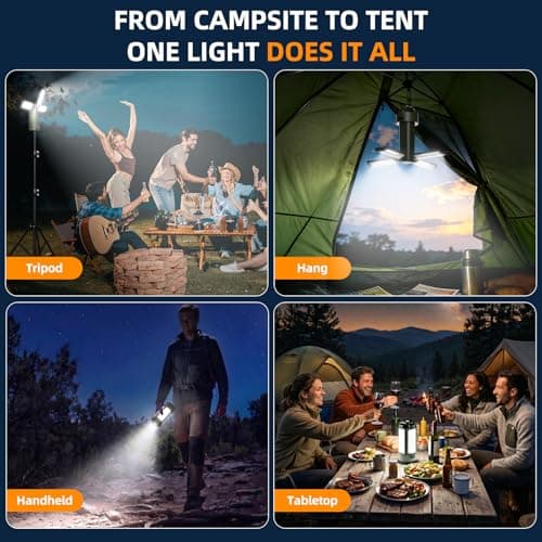 T-SUN Rechargeable Camping Light with Stand, 4 LED Lamp Heads for Wider, Camping Light with Tripod, Olive Green Portable Tent Light with Magnetic Base for Campsite, Hiking, Fishing, Emergency - Thumbnail 2