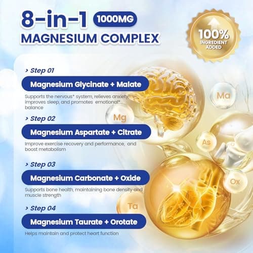 1000mg Magnesium Complex Capsules, 8-in-1 Magnesium Glycinate, Citrate, Malate, Taurate, Oxide, Carbonate, Aspartate, Orotate - 240 Capsules - Thumbnail 3