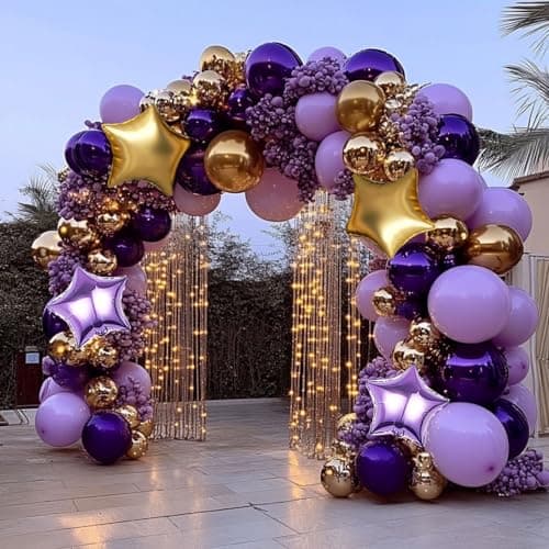 Dusty Purple and Gold Balloon Garland Arch Kit, 160Pcs Dusty Purple Light Purple Gold Latex Balloons with Star Foil Balloons for Graduation Wedding Anniversary Birthday Party Decorations - Thumbnail 4