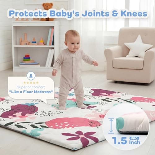 PaPaMat 1.5" Thick Premium Foam Baby Play Mat 50x50 Removable & Machine Washable Cover for Baby Tummy Time, Softness Easy Clean Waterproof & Non-Slip Backing Safe for Crawling (Floral) - Thumbnail 2