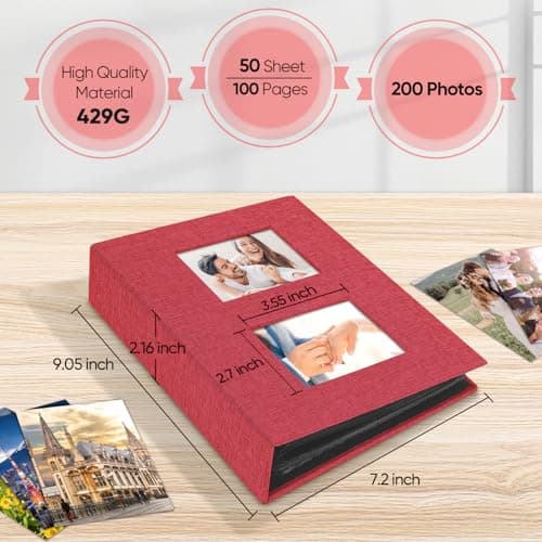 MSTONAL Photo Album 4x6 200 Pockets for Wedding Gifts, Linen Hardcover Memory Book with Front Window for Family Anniversary School Baby Travel Pictures Holds 200 Horizontal Photos, Red - Thumbnail 2