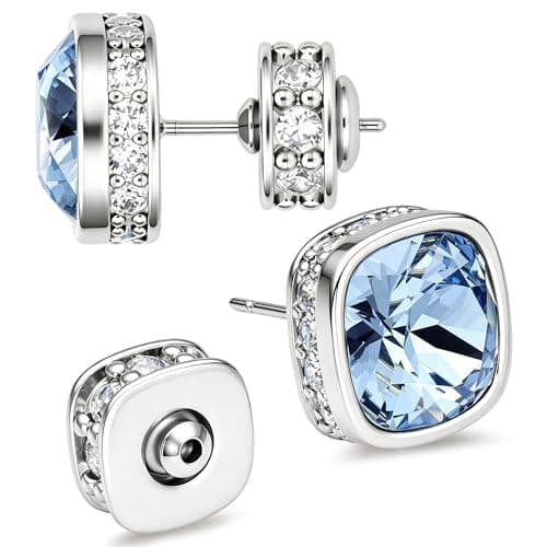 Stud Earrings for Women, 14K Gold Plated Square Cubic Zirconia Earrings, Hypoallergenic Minimalist Everyday Studs(Silver blue) - Image 1