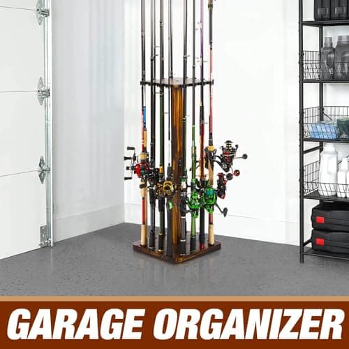 Fishing Rod Holders for Garage 360 Degree Rotating Fishing Pole Rack, Floor Stand Holds up to 16 Rods Wood Fishing Gear Equipment Storage Organizer, Fishing Gifts for Men Women - Thumbnail 6