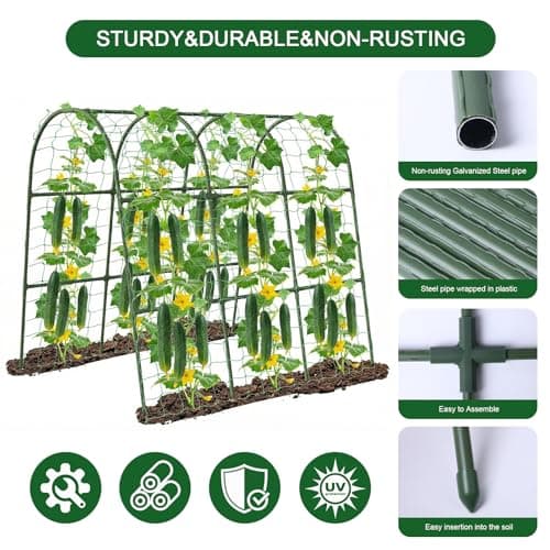 U-Shape Cucumber Trellis for Raised Bed - 47"x47"x22" Metal Garden Trellis with Net & Clips | Rust-Proof Plant Support for Cucumber, Tomato, Peas | Heavy-Duty Outdoor Climbing Plants Trellis - Thumbnail 6