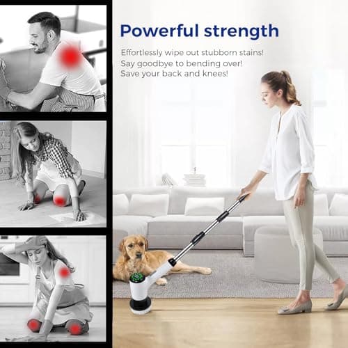 Electric Spin Scrubber, Cordless Power Cleaning Brush with 8 Replaceable Heads, 2 Adjustable Speeds, LED Display & Long Handle, Ideal for Bathroom Tub Tile Floor Car Cleaning - Thumbnail 2