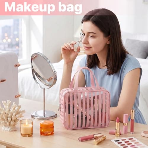 Edelefas Clear Pink Striped PVC Makeup Bag, Large 10.2 x 7.9 x 3.1 Inch Waterproof Travel Toiletry Bag with Handle, TSA Approved Clear Cosmetic Organizer for Travel Gym Bathroom - Thumbnail 6