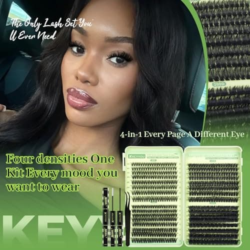 KEYYOU 584 Pcs Lash Clusters Kit 60/80/100/200D MIX 10-18mm D Curl Fluffy Wispy Individual Lashes Thin Band with Bond and Seal, Applicators – Professional Lash Extension Kit - Thumbnail 2