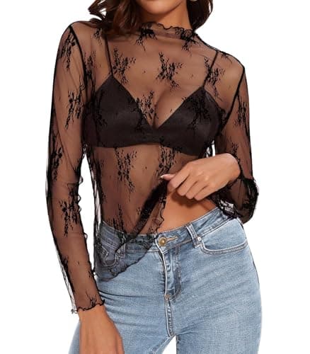 Womens Lace Mesh Long Sleeve Top Floral Sheer See Through Sexy Tops Mock Neck Shirts Party Club Night Blouses Black - Image 1