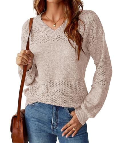 NORACORA Womens V Neck Fall Sweaters 2025 Casual Long Sleeve Ribbed Knit Pullover Lightweight Crochet Pullover Sweater Tops Khaki - Thumbnail 6