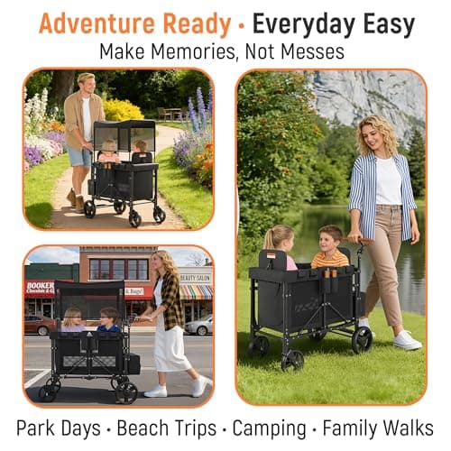 VELUVIA Wagon Stroller Outdoor for 2 Kids - Double Toddlers Stroller with Canopy & Removable Seat Pads, 2 Seater Push Pull Wagon One-Hand Fold, Shock-Absorbent Wheels & Safety Harness, Black - Thumbnail 6