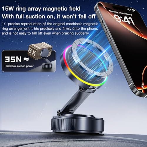 for MagSafe Car Mount Charger[15W Wireless Fast Charging], Car Vacuum Magnetic Phone Holder[120LBS Ultra Suction Cup & 3000gf Magnet ], Adjustable Suction Phone Mount for Your Car for iPhone 17-12 - Thumbnail 3