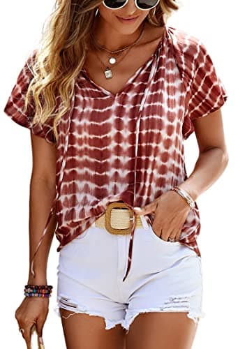 Angashion Women's Summer Tops Casual Floral Print V Neck Ruffle Short Sleeve Loose Tunic T Shirt Blouse Tie Dye Brick Red L - Image 1