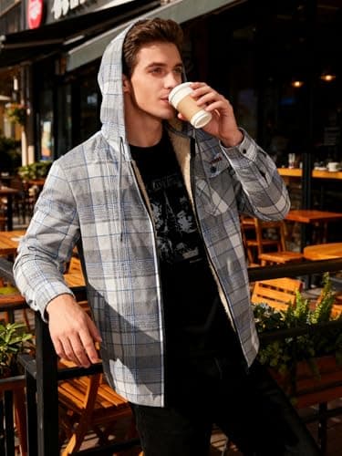 ZITY Men's Zipper Hoodies Flannel Shirt Jacket Plaid Cotton Hoodie Berber Lined Polyfill Insulated - Thumbnail 2