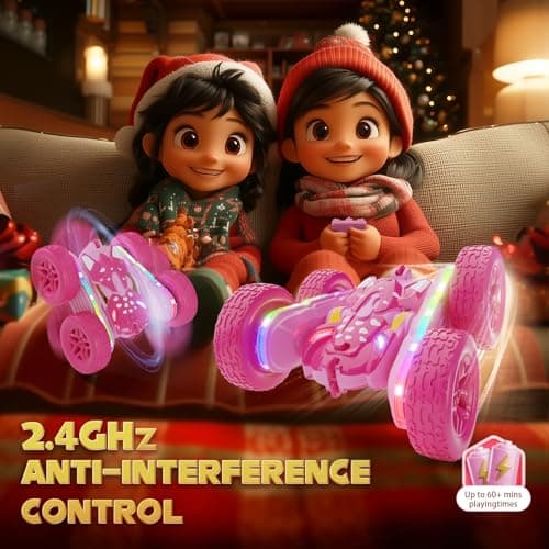Terucle Remote Control Car for Girls, Pink RC Cars Stunt RC Car Girl Toys for Girls Double-Sided 360° Rotating with Headlights 4WD Kid Toys for Birthday Gifts (Pink) - Thumbnail 3