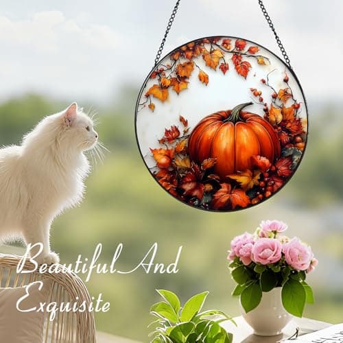 Zizzie Stained Glass Pumpkin Suncatcher - 7.9" Real Glass Fall Maple Leaves Window Hanging, Weatherproof Autumn Farmhouse Decor, Thanksgiving Harvest Gift for Women Mom - Thumbnail 6
