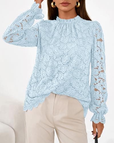 KIRUNDO Blouses for Women Dressy Casual Lace Long Sleeve Tops Mock Neck Ruffle Shirts 2026 Spring Fall Fashion Clothing(Blue, X-Large) - Thumbnail 6
