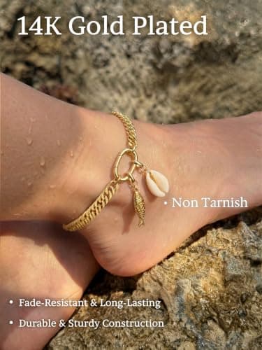CTEEGN Anklets for Women Waterproof, 14K Gold Plated Anklet, Gold Ankle Bracelet for Women with Removable Fish and Seashell Charms, Cuban Link Anklet for Big Ankles, Non Tarnish Summer Beach Jewelry - Thumbnail 4